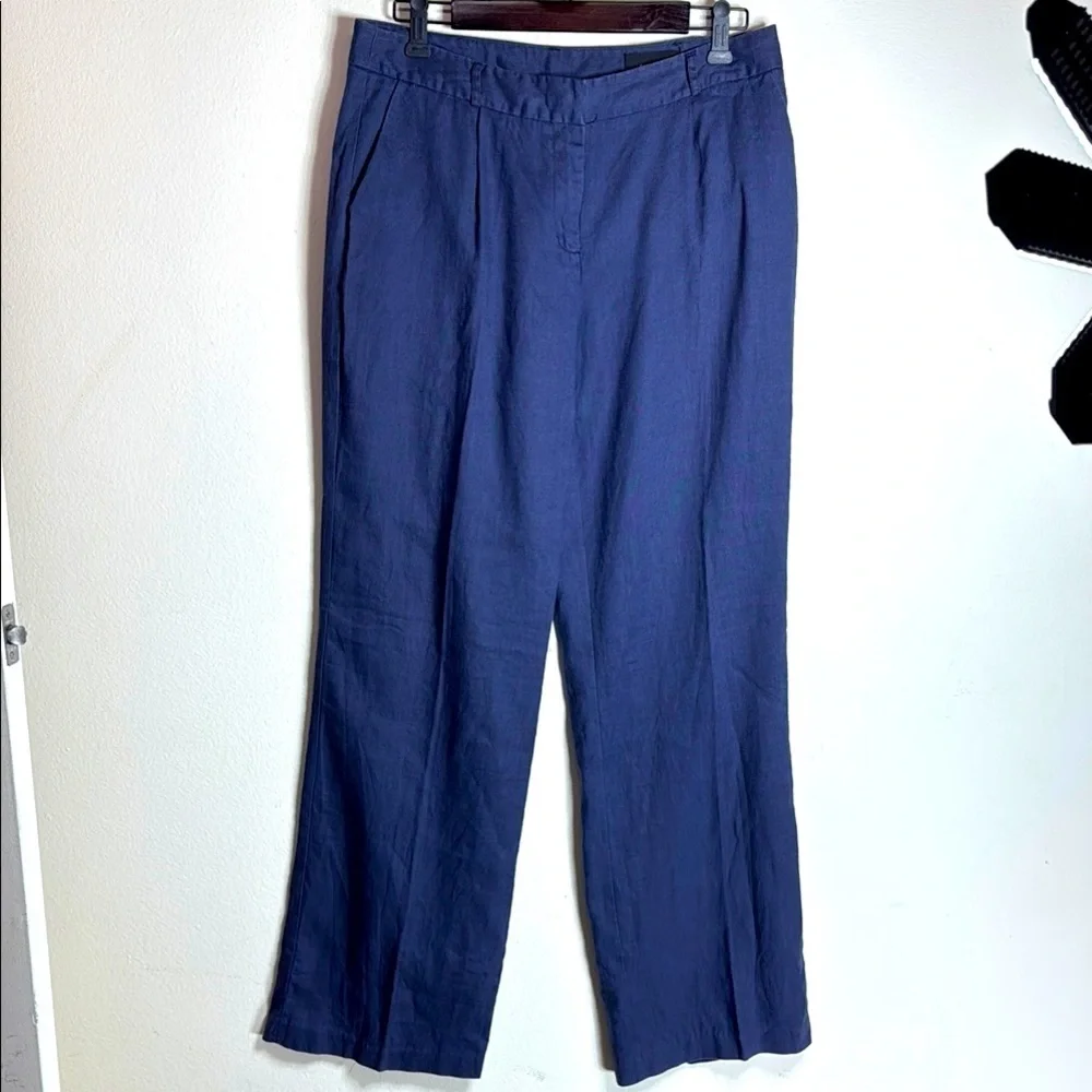 (H1) Koan mid-rise grey-blue straight-leg trousers, 100% linen, women's size 46
